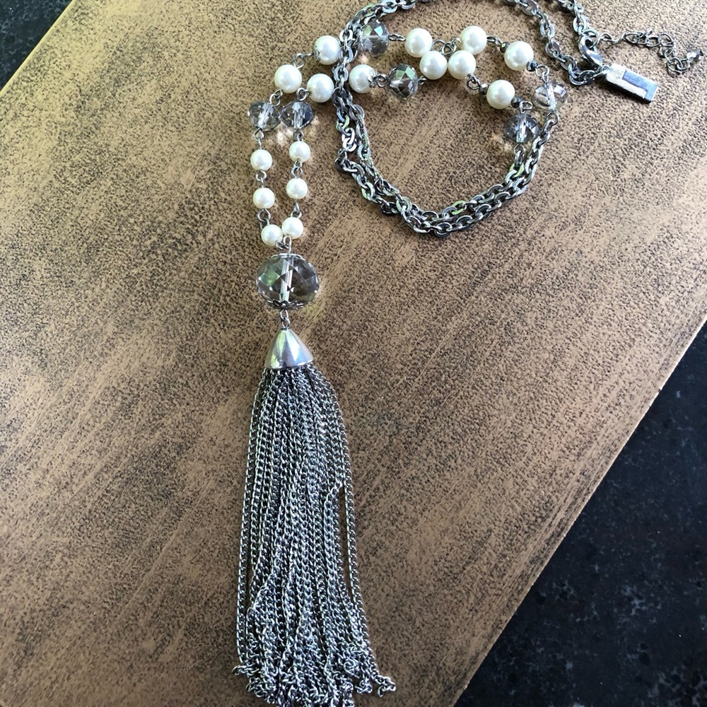 30” silver necklace with 4” silver tassel, pearls, and crystals w/2” extender